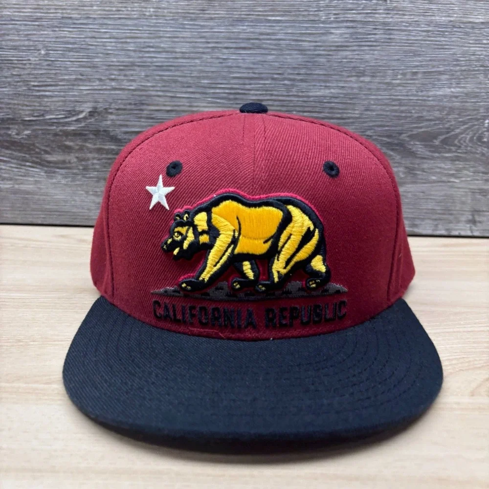 California Republic Hat Cap Snap Back Maroon Black Bear Flag West Coast Souvenir